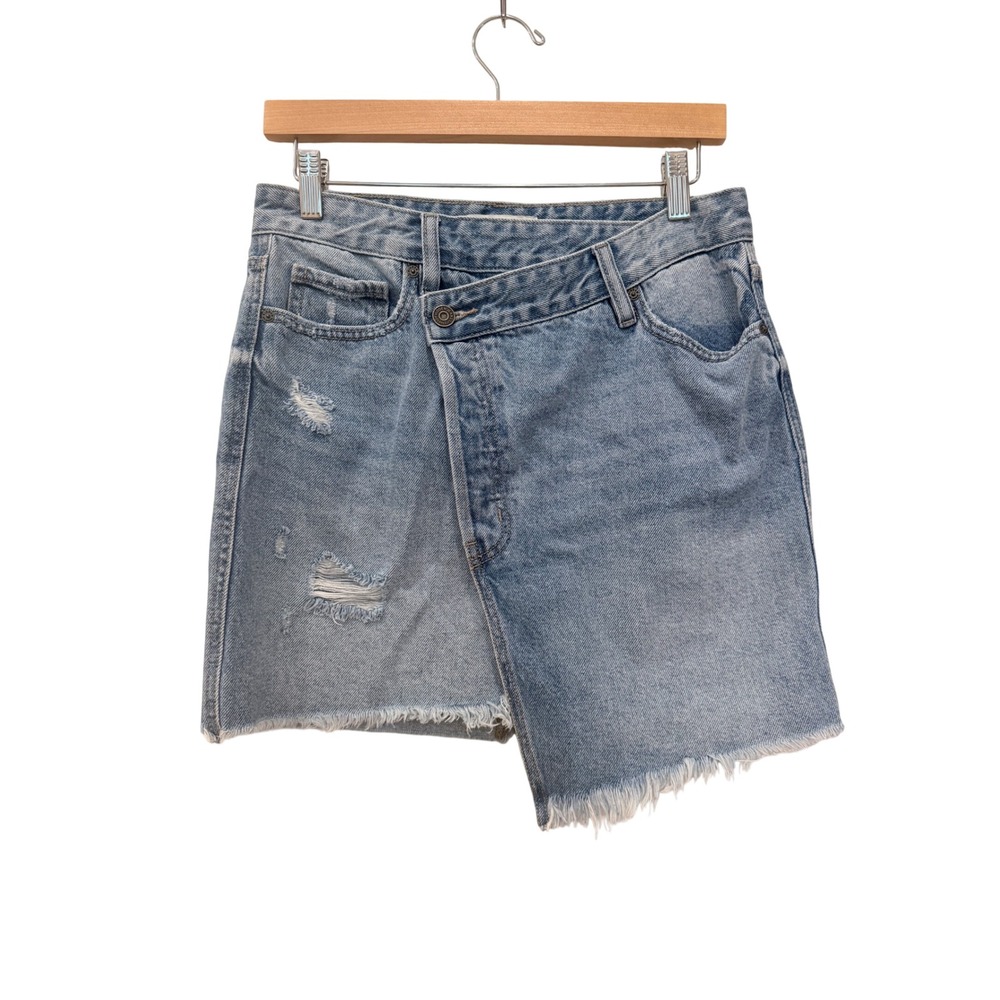Hidden Los Angeles Asymmetric Crossover Denim Mini Skirt Light Wash Distressed S